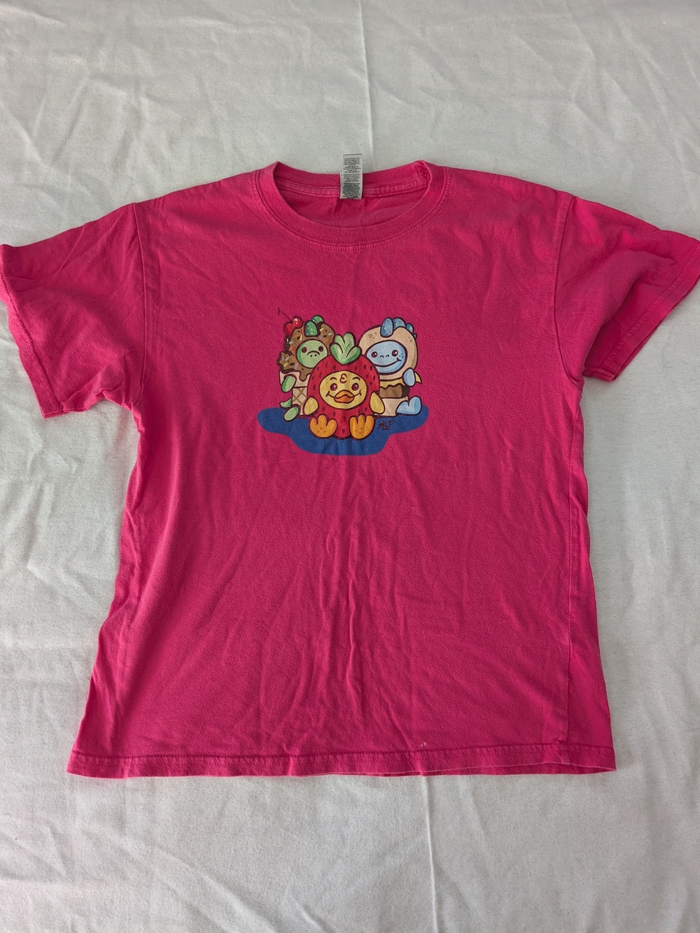 Gildan Hot Pink Kids Short Sleeve Tee with Cartoon Fruit Friends